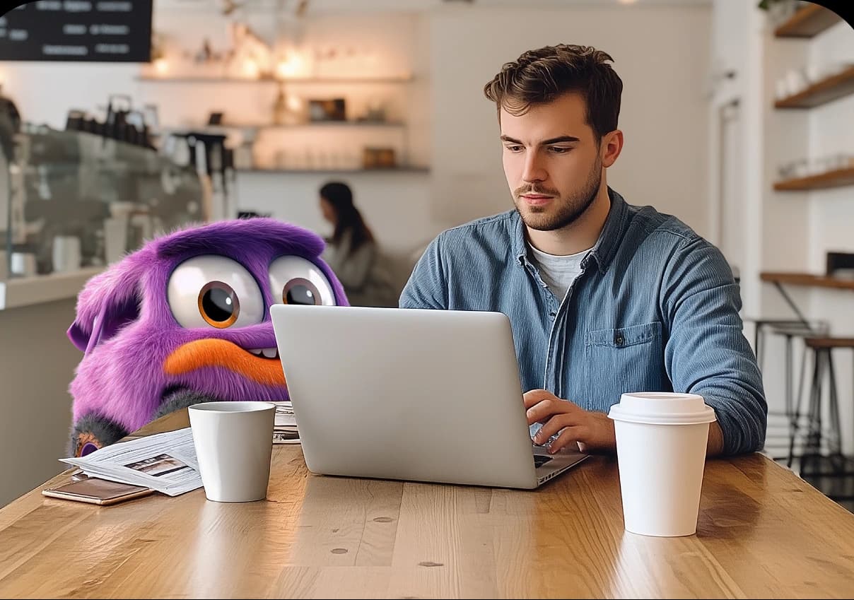 Person with purple mascot at laptop