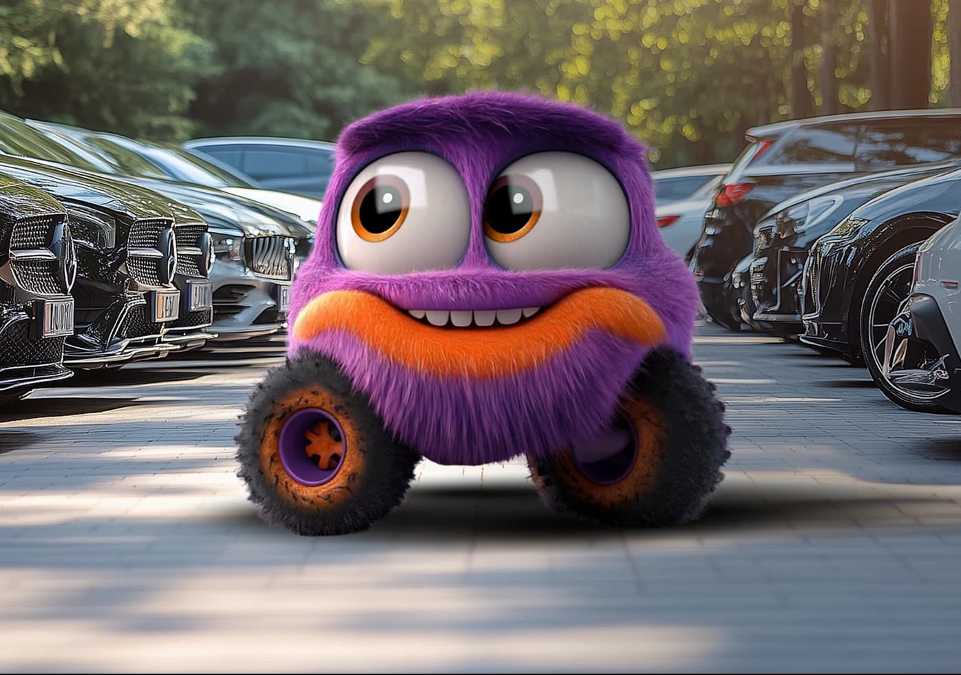 Purple mascot in front of cars